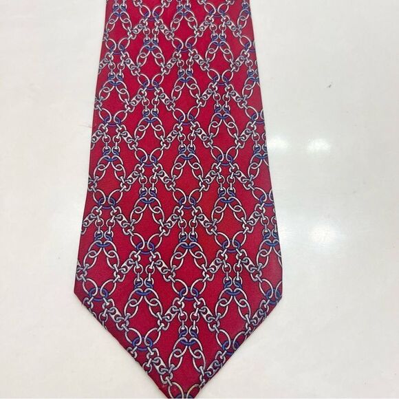 Vintage Guy Laroche Silk Tie Equestrian Chain Design Red, Blue Grey - Picture 1 of 2